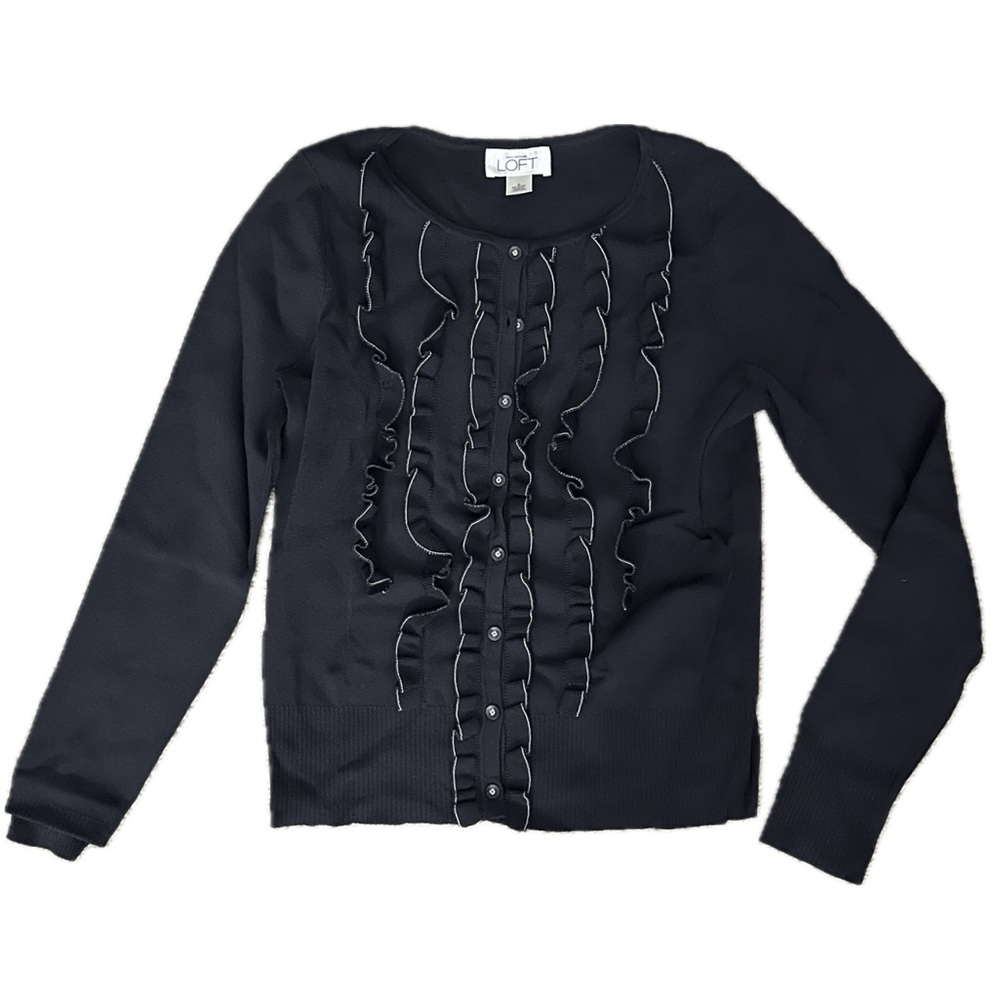 LOFT Navy Blue Button-Up Cardigan with White Ruffle Trim